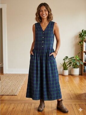 VTG Lands End Plaid Tartan Midi dress size 8